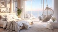 Illustrate a coastal-inspired luxury bedroom with a beachfront view, soft pastel hues, and a comfortable hammock chair for