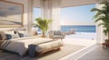 Illustrate a coastal-inspired luxury bedroom with a 3D background view of a pristine beach and the rolling waves, bringing the