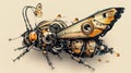 Illustrate a complex mechanical insect highlighting its intricate gears and precise movements in a wormseye view combining