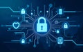 Illustrate cybersecurity themes such as secure data centers, encrypted data streams, digital locks, or firewalls