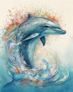 illustrate of a dolphin in watercolor painting style jump out of the water Royalty Free Stock Photo