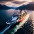 illustrate a drone capturing breathtaking aerial views of an empty cruise ship sailing in the open