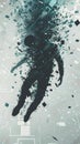 Illustrate a dynamic composition featuring a wormseye view of a human figure dissolving into streams of data particles