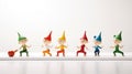 Illustrate a group of playful elf figurines in various poses on white background