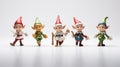 Illustrate a group of playful elf figurines in various poses on white background