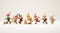 Illustrate a group of playful elf figurines in various poses on white background