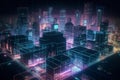 Illustrate a holographic cityscape with buildings, vehicles, and people all rendered as holograms, creating a futuristic and
