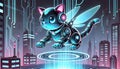Illustrate hovering futuristic cat with anti-gravity pads on its paws, glowing neon outlines, and sleek mechanical ears, exploring