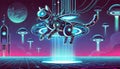 Illustrate hovering futuristic cat with anti-gravity pads on its paws, glowing neon outlines, and sleek mechanical ears, exploring