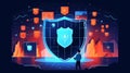 Illustrate the importance of internet safety and data privacy with a digital shield surrounded by a firewall, Generative AI