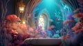 aginative girls\' bedroom with a 3D background view of an underwater kingdom filled with mermaids,