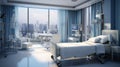 Illustrate a luxury bedroom that pays tribute to essential workers, with a 3D background view of a hospital ward filled with
