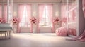 Illustrate a luxury bedroom for young ballerinas with a 3D background view of a ballet studio stage, complete with tutus and