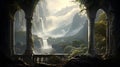 Illustrate the majestic sight of a waterfall seen through a window, with cascading water, mist