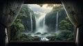 Illustrate the majestic sight of a waterfall seen through a window, with cascading water, mist