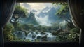 Illustrate the majestic sight of a waterfall seen through a window, with cascading water, mist