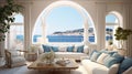 Illustrate a Mediterranean-inspired living room with plush seating, arched windows, and a view of a serene azure ocean and a