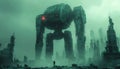 Illustrate a mesmerizing encounter of scifi robots in surreal ancient ruins from a worms-eye view, highlighting unique