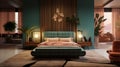 Illustrate a mid-century modern luxury bedroom with iconic furniture pieces, a retro color palette, and a sunken bed for a chic,