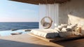 Illustrate a modern beach house bedroom with open-air architecture, a suspended bed, and unobstructed views of the ocean and the