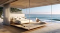 Illustrate a modern beach house bedroom with open-air architecture, a suspended bed, and unobstructed views of the ocean and the