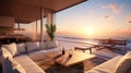 Illustrate a modern beachfront living room with open-air architecture, comfortable seating, and unobstructed views of the ocean