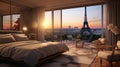 Illustrate a modern and romantic luxury bedroom with a loving 3D background view of a charming Parisian street, complete with a