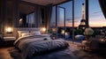 Illustrate a modern and romantic luxury bedroom with a loving 3D background view of a charming Parisian street, complete with a