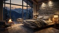 Illustrate a mountain retreat luxury bedroom with a stone fireplace, oversized windows framing mountain views, and a plush, fur-