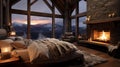 Illustrate a mountain retreat luxury bedroom with a stone fireplace, oversized windows framing mountain views, and a plush, fur-