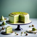 Illustrate a multi-layered cake featuring airy pistachio mousse between tender sponge cake, enrobed in smooth white chocolate