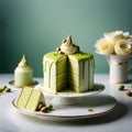 Illustrate a multi-layered cake featuring airy pistachio mousse between tender sponge cake, enrobed in smooth white chocolate