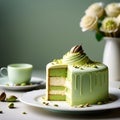 Illustrate a multi-layered cake featuring airy pistachio mousse between tender sponge cake, enrobed in smooth white chocolate