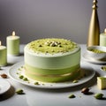 Illustrate a multi-layered cake featuring airy pistachio mousse between tender sponge cake, enrobed in smooth white chocolate