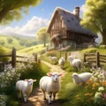 illustrate a peaceful countryside scene with lambs chicks and a rustic easter celebration trend
