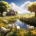 illustrate a peaceful countryside scene with lambs chicks and a rustic easter celebration trend