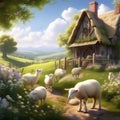 illustrate a peaceful countryside scene with lambs chicks and a rustic easter celebration trend