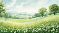 Illustrate a peaceful setting with ivory-colored dandelions