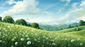 Illustrate a peaceful setting with ivory-colored dandelions