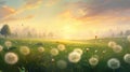 Illustrate a peaceful setting with ivory-colored dandelions