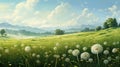 Illustrate a peaceful setting with ivory-colored dandelions