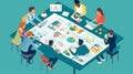 Illustrate a risk management team assessing business risks using a large table map filled with various risk factors and mitigation