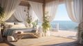 Illustrate a romantic beachfront bedroom with a canopy bed, billowing curtains, and a balcony that opens up to the sound of gentle