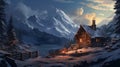 Illustrate a rustic cabin in the mountains, with a smoke-filled chimney, surrounded by a serene winter landscape