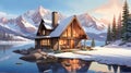 Illustrate a serene cabin by a mountain lake, where the water reflects the snow-capped peaks and a cozy fire burns inside