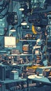 Illustrate a side view cartoon scene of a cheerful robot mechanic fixing a futuristic spaceship with a toolbox in hand