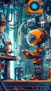 Illustrate a side view cartoon scene of a cheerful robot mechanic fixing a futuristic spaceship with a toolbox in hand