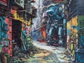 Illustrate a side view of a dystopian alleyway filled with vibrant street art