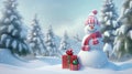 Illustrate a snowy outdoor scene with a snowman next to a beautifully decorated Christmas tree, all set against a serene winter