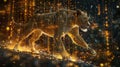 Illustrate a surreal scene of a robotic lioness pouncing under a sky filled with glowing binary code stars Infuse this moment